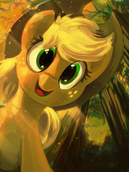Size: 1500x2000 | Tagged: safe, artist:dimfann, applejack, earth pony, pony, g4, applejack's hat, cowboy hat, cute, female, freckles, hat, jackabetes, looking at you, mare, open mouth, solo, stetson, tree