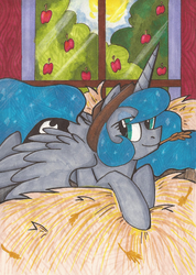Size: 1123x1573 | Tagged: safe, artist:colouredteapot, princess luna, g4, barn, bedroom eyes, female, hat, hay, implied lunajack, implied shipping, lying down, markers, missing accessory, pattern, solo, spread wings, traditional art