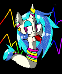 Size: 1012x1199 | Tagged: safe, artist:colouredteapot, dj pon-3, vinyl scratch, g4, :p, blood, earring, eyeshadow, female, horn, horn ring, makeup, nosebleed, pattern, piercing, solo, tongue out