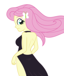 Size: 2009x2396 | Tagged: safe, artist:sumin6301, fluttershy, human, equestria girls, g4, backless, black dress, breasts, clothes, dress, female, high res, little black dress, side slit, simple background, solo, transparent background, vector