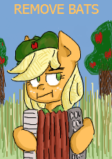 Size: 162x229 | Tagged: safe, artist:colouredteapot, applejack, bats!, g4, dat face soldier, female, flockmod, parody, picture for breezies, remove kebab, solo