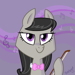 Size: 725x725 | Tagged: safe, artist:flourret, octavia melody, earth pony, pony, g4, bow (instrument), bust, female, hoof hold, lidded eyes, looking at you, mare, music notes, portrait, signature, smiling, solo