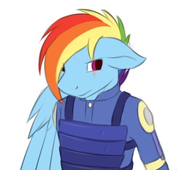 Size: 738x710 | Tagged: safe, artist:daf, rainbow dash, anthro, g4, alternate timeline, amputee, apocalypse dash, clothes, crystal war timeline, explicit source, female, jumpsuit, scar, solo