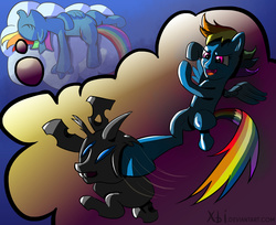 Size: 1600x1305 | Tagged: safe, artist:xbi, rainbow dash, changeling, pony, g4, action pose, dream, fight