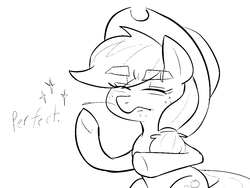Size: 1000x750 | Tagged: safe, artist:^:3, applejack, earth pony, pony, g4, background pony, cowboy hat, eyebrows, eyebrows visible through hair, eyes closed, female, freckles, hat, lineart, mare, meme, monochrome, pacha, raised hoof, sleepy, solo, squint, straw in mouth, the emperor's new groove, when x just right