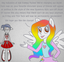 Size: 700x675 | Tagged: safe, artist:aisu-isme, oc, oc only, oc:artbeat, oc:dr. x-ray, ask the creepy ponies, equestria girls, g4, blushing, equestria girls prototype, equestria girls-ified, glasses, ponied up, rule 63