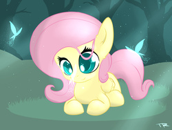 Size: 1600x1200 | Tagged: safe, artist:php49, derpibooru exclusive, fluttershy, butterfly, pegasus, pony, g4, colored pupils, cute, female, mare, prone, signature, smiling, solo