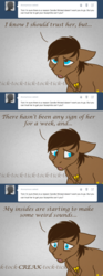 Size: 700x1872 | Tagged: safe, artist:aisu-isme, oc, oc only, oc:tick tock, cyborg, ask the creepy ponies, colt, male, scared