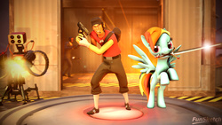 Size: 3840x2160 | Tagged: safe, artist:funsketch, rainbow dash, g4, 3d, crossover, epic, explosion, gun, high res, pistol, scout (tf2), sentry, source filmmaker, spread wings, spy, spy (tf2), sword, team fortress 2, turret, weapon