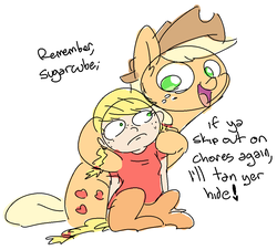 Size: 1064x963 | Tagged: safe, artist:nobody, applejack, oc, oc:cinnamon cider, satyr, g4, implied spanking, mother and daughter, offspring, parent:applejack