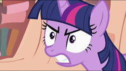 Size: 1280x728 | Tagged: safe, screencap, twilight sparkle, pony, unicorn, g4, season 2, the return of harmony, angry, female, golden oaks library, gritted teeth, mare, narrowed eyes, shrunken pupils, solo, unicorn twilight