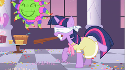 Size: 1280x720 | Tagged: safe, screencap, twilight sparkle, g4, sweet and elite, blindfold, clothes, dress, piñata, stick