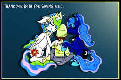 Size: 1024x675 | Tagged: safe, artist:bluebrogue, princess celestia, princess luna, oc, oc:anon, human, g4, copic, eyes closed, hug, nuzzling, sad, sitting, smiling, thank you, traditional art