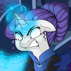 Size: 750x750 | Tagged: safe, artist:puzzlegem, rarity, g4, alternate timeline, angry, ears back, female, frown, glare, gritted teeth, magic, night mad rarity, night maid rarity, nightmare takeover timeline, solo, telekinesis