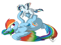 Size: 1600x1200 | Tagged: safe, artist:bluesidearts, rainbow dash, oc, oc:quick breeze, pegasus, pony, g4, colored wings, filly, mama dash, momma dash, mother and daughter, multicolored wings, next generation, offspring, parent:rainbow dash, parent:soarin', parents:soarindash, rainbow feathers, rainbow wings, simple background, tail feathers, transparent background, wings