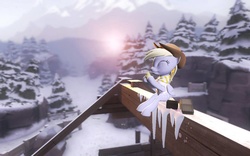 Size: 1280x800 | Tagged: safe, artist:ljdamz1119, derpy hooves, pegasus, pony, g4, 3d, clothes, cupcake, eyes closed, female, food, gmod, mare, scarf, scenery, solo, winter