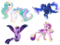 Size: 1600x1200 | Tagged: safe, artist:bluesidearts, princess cadance, princess celestia, princess luna, twilight sparkle, alicorn, classical unicorn, pony, g4, alicorn tetrarchy, female, horn, leonine tail, mare, pose, simple background, tail feathers, transparent background, twilight sparkle (alicorn), unshorn fetlocks