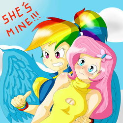 Size: 1500x1500 | Tagged: safe, artist:eduarknes, fluttershy, rainbow dash, human, g4, alternate hairstyle, boob window, breasts, cleavage, female, gritted teeth, humanized, lesbian, ponytail, ship:flutterdash, shipping, winged humanization