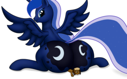Size: 1920x1200 | Tagged: safe, artist:funkybacon, princess luna, oc, oc:cookie crumble, food pony, original species, g4, both cutie marks, butt, butt crush, female, food, giantess, macro, micro, moonbutt, plot, sitting, sitting on person, the ass was fat