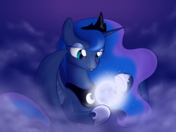 Size: 1024x768 | Tagged: safe, artist:sycotei-b, princess luna, g4, cloud, female, moon, solo, tangible heavenly object