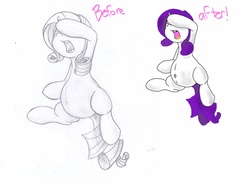 Size: 2048x1536 | Tagged: safe, artist:seenty, edit, rarity, g4, before and after, colored, marshmelodrama, on back, preggity, pregnant