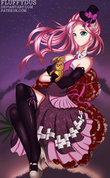 Size: 1636x2648 | Tagged: safe, artist:fluffydus, fluttershy, human, g4, clothes, dress, evening gloves, female, gloves, hat, humanized, latex, necktie, night, plushie, socks, solo, stars, thigh highs