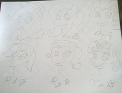 Size: 2446x1858 | Tagged: safe, artist:toyminator900, applejack, fluttershy, pinkie pie, rainbow dash, rarity, twilight sparkle, earth pony, pegasus, pony, unicorn, g4, black and white, grayscale, head shot, monochrome, traditional art