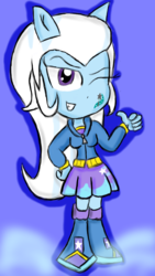 Size: 627x1111 | Tagged: safe, artist:mildockart, trixie, equestria girls, g4, clothes, cutie mark, doll, equestria girls minis, female, grin, hoodie, looking at you, pony ears, skirt, solo, thumbs up, toy, wink