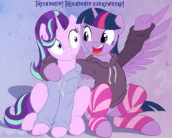 Size: 737x590 | Tagged: safe, artist:brianblackberry, starlight glimmer, twilight sparkle, alicorn, pony, unicorn, g4, bottomless, clothes, cute, female, glimmerbetes, hoodie, looking at each other, mare, meme, open mouth, partial nudity, sitting, socks, striped socks, twiabetes, twilight sparkle (alicorn), wide eyes, x x everywhere