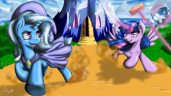 Size: 3840x2160 | Tagged: safe, artist:fairysearch, trixie, twilight sparkle, alicorn, pony, g4, bucket, chase, female, graffiti, high res, magic, mare, mop, running, spread wings, telekinesis, twilight sparkle (alicorn), twilight's castle