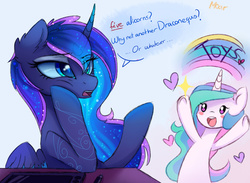Size: 1600x1174 | Tagged: dead source, safe, artist:magnaluna, princess celestia, princess luna, alicorn, pony, g4, the crystalling, :o, blush sticker, blushing, buy our toys, chibi, coat markings, cute, cutelestia, dialogue, duo, ethereal mane, female, frown, happy, heart, implied princess flurry heart, leaning, mare, open mouth, rainbow, royal sisters, sisters, smiling, starry mane, swirly markings, transparent mane, truth, unamused, underhoof, wacom tablet