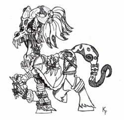 Size: 1024x988 | Tagged: safe, artist:krashface, earth pony, pony, bone, bone armor, fierce, monochrome, solo, tribal, warrior