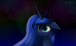 Size: 1424x866 | Tagged: safe, artist:setharu, princess luna, alicorn, pony, g4, bust, eye reflection, female, floppy ears, frown, jewelry, lidded eyes, looking up, mare, night, outdoors, regalia, signature, sky, solo, stars