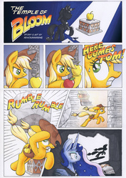 Size: 3490x4930 | Tagged: safe, artist:xeviousgreenii, applejack, princess luna, tom, comic:the temple of bloom, g4, absurd resolution, apple, boulder, comic, crepuscular rays, crossover, food, indiana jones, parody, raiders of the lost ark, running, saddle bag