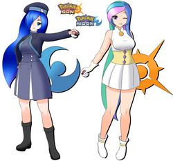 Size: 3761x3500 | Tagged: safe, artist:twistedscarlett60, princess celestia, princess luna, human, g4, boots, clothes, dress, duo, duo female, female, hat, high res, humanized, poké ball, pokémon, pokémon moon, pokémon sun, royal sisters, siblings, simple background, sisters, tongue out, white background, wink