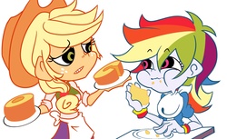 Size: 1800x1100 | Tagged: safe, artist:setoya, applejack, rainbow dash, equestria girls, g4, apron, bib, black sclera, clothes, food