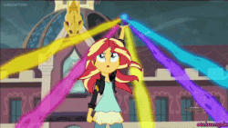 Size: 600x338 | Tagged: safe, artist:otakuangelx, screencap, sunset shimmer, equestria girls, g4, my little pony equestria girls: friendship games, animated, female, floating, frown, glare, lightning, magic, magic capture device, open mouth, solo, talking