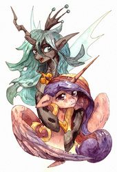 Size: 1185x1743 | Tagged: safe, artist:koviry, princess cadance, queen chrysalis, alicorn, changeling, changeling queen, pony, g4, female, traditional art