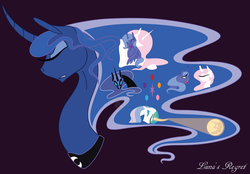Size: 1655x1152 | Tagged: safe, artist:copperirisart, nightmare moon, princess celestia, princess luna, g4, cewestia, elements of harmony, eyes closed, female, filly, mare in the moon, memories, moon, pink-mane celestia, regret, s1 luna, snuggling, solo, woona