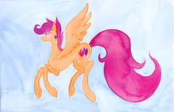 Size: 1224x790 | Tagged: safe, artist:enuwey, scootaloo, g4, cutie mark, female, flying, smiling, solo, spread wings, the cmc's cutie marks, traditional art