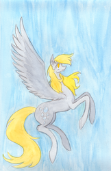 Size: 789x1218 | Tagged: safe, artist:enuwey, derpy hooves, pegasus, pony, g4, female, flying, mare, solo, traditional art