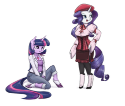 Size: 1280x1093 | Tagged: safe, artist:king-kakapo, rarity, twilight sparkle, anthro, unguligrade anthro, g4, arm hooves, belt, boots, breasts, clothes, corset, duo, hat, jeans, multiple variants, necklace, open mouth, pants, ribbon, shoes, simple background, skirt, socks, stockings, white background