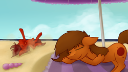 Size: 3000x1687 | Tagged: safe, artist:marsminer, oc, oc only, oc:mars miner, oc:venus spring, beach, cute, dust bath, eyes closed, floppy ears, horses doing horse things, marspring, on back, open mouth, prone, relaxing, rolling, smiling, tongue out, umbrella, venus spring actually having a pretty good time
