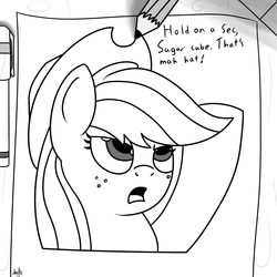 Size: 1000x1000 | Tagged: safe, artist:spritepony, applejack, g4, black and white, breaking the fourth wall, drawing, drawn into existence, female, grayscale, implied human, offscreen character, solo
