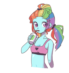 Size: 1296x1375 | Tagged: safe, artist:ikirunosindo, rainbow dash, human, equestria girls, g4, alternate hairstyle, belly button, cleavage, clothes, cute, dashabetes, dreadlocks, drink, female, looking at you, midriff, pony coloring, solo, sports bra