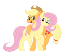 Size: 2592x1936 | Tagged: safe, artist:squipycheetah, applejack, fluttershy, earth pony, pegasus, pony, g4, applejack's hat, cute, female, folded wings, freckles, happy, hat, jackabetes, lesbian, looking back, open mouth, ship:appleshy, shipping, shyabetes, simple, simple background, smiling, standing, transparent background, vector, walking