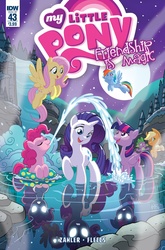 Size: 1054x1600 | Tagged: safe, artist:tony fleecs, idw, applejack, fluttershy, pinkie pie, rainbow dash, rarity, spike, twilight sparkle, alicorn, pony, g4, ponies of dark water, spoiler:comic, spoiler:comic43, blank eyes, cover, female, forest, full moon, glowing eyes, inner tube, mane seven, mane six, mare, moon, ominous reflection, reflection, tree, twilight sparkle (alicorn), waterfall