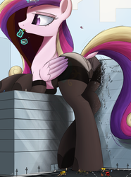 Size: 1859x2500 | Tagged: safe, artist:ncmares, princess cadance, pony, g4, big-pon, bipedal leaning, butt, candy, city, clothes, destruction, dock, female, female focus, fluffy, food, giant cadance, giant pony, hooves, levitation, lingerie, lollipop, lovebutt, macro, magic, mega cadance, ncmares is trying to murder us, open mouth, panties, pantyhose, plot, scratching, solo focus, stockings, telekinesis, titanic plot terror, underhoof, underwear