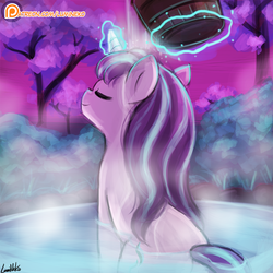 Size: 750x750 | Tagged: safe, artist:lumineko, starlight glimmer, pony, unicorn, g4, bath, bucket, eyes closed, female, glowing horn, horn, hot springs, levitation, magic, magic aura, mare, patreon, patreon logo, rear view, sitting, smiling, solo, steam, telekinesis, water, wet mane