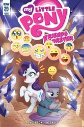 Size: 1186x1800 | Tagged: safe, artist:brenda hickey, idw, maud pie, rarity, friends forever #29, g4, my little pony: friends forever, spoiler:comic, angry, cover, emoji, excited, frown, grin, happy, open mouth, pictogram, rearing, rock, sad, sitting, smiling, speech bubble, wink
